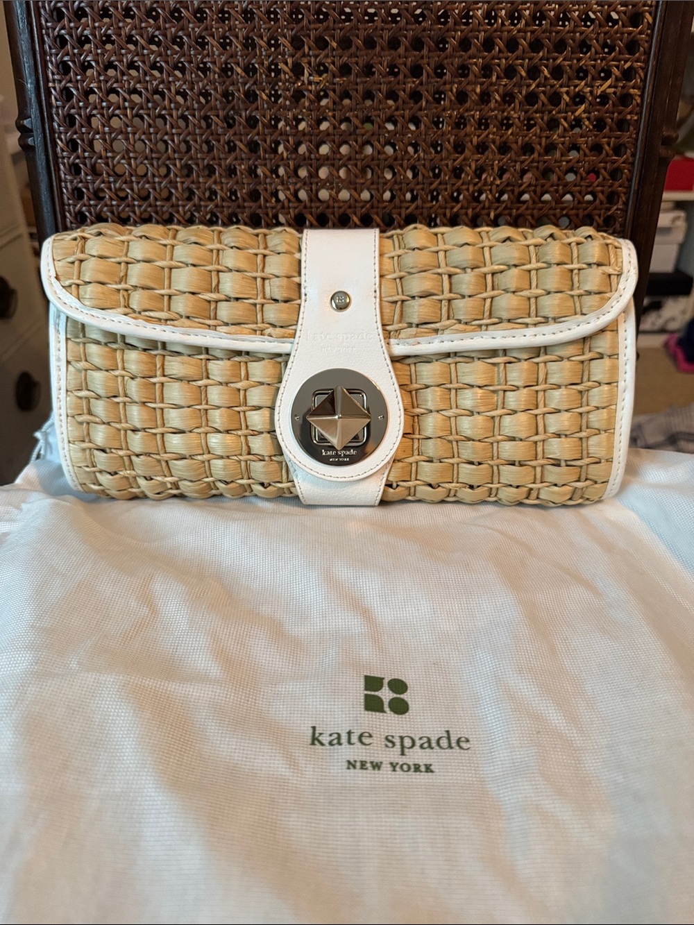 Vintage kate spade Natural Straw Clutch with White Leetber Trim and Turn-Lock